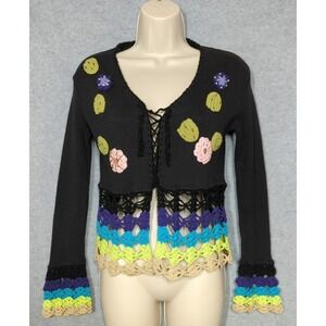 Crochet Ribbed Knit Sweater Top XS Black Multi Color Crochet Work Festival Boho